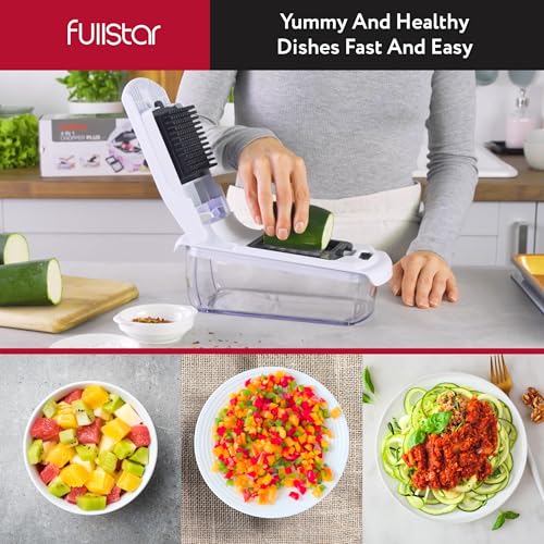 Fullstar Vegetable Chopper and Spiralizer - Food Chopper with Container, Fruit Slicer, Kitchen Gadgets & Accessories, Home Essentials (All in 1, Stainless Steel)