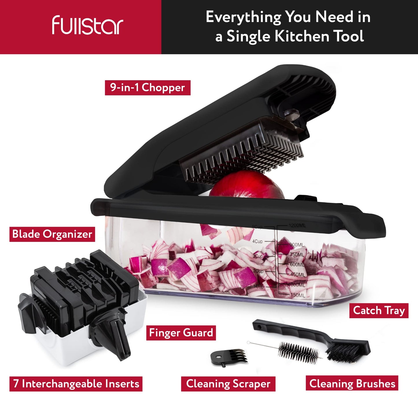Fullstar Vegetable Chopper and Spiralizer - Food Chopper with Container, Fruit Slicer, Kitchen Gadgets & Accessories, Home Essentials (All in 1, Stainless Steel)