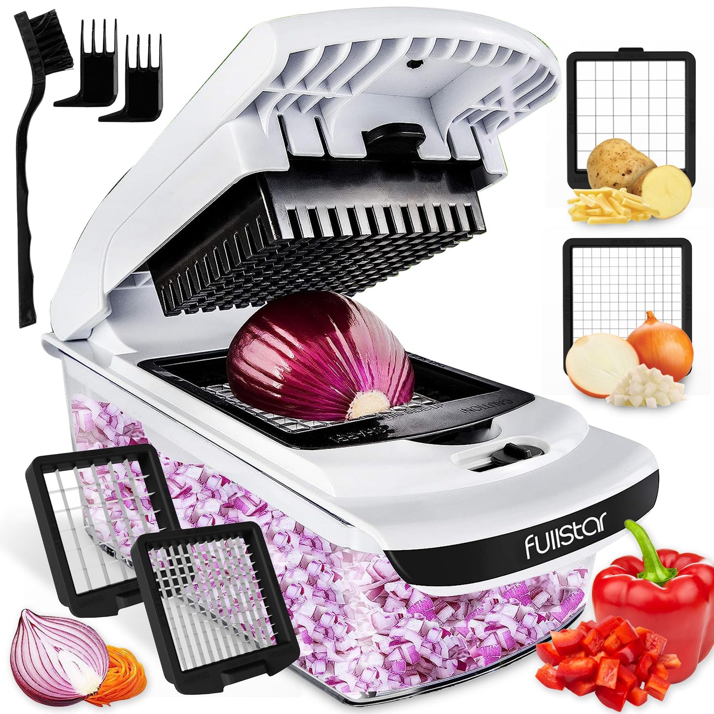 Fullstar Vegetable Chopper and Spiralizer - Food Chopper with Container, Fruit Slicer, Kitchen Gadgets & Accessories, Home Essentials (All in 1, Stainless Steel)
