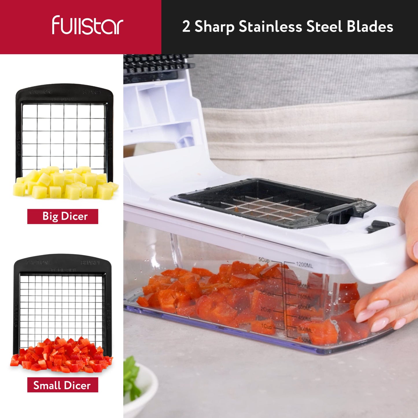 Fullstar Vegetable Chopper and Spiralizer - Food Chopper with Container, Fruit Slicer, Kitchen Gadgets & Accessories, Home Essentials (All in 1, Stainless Steel)
