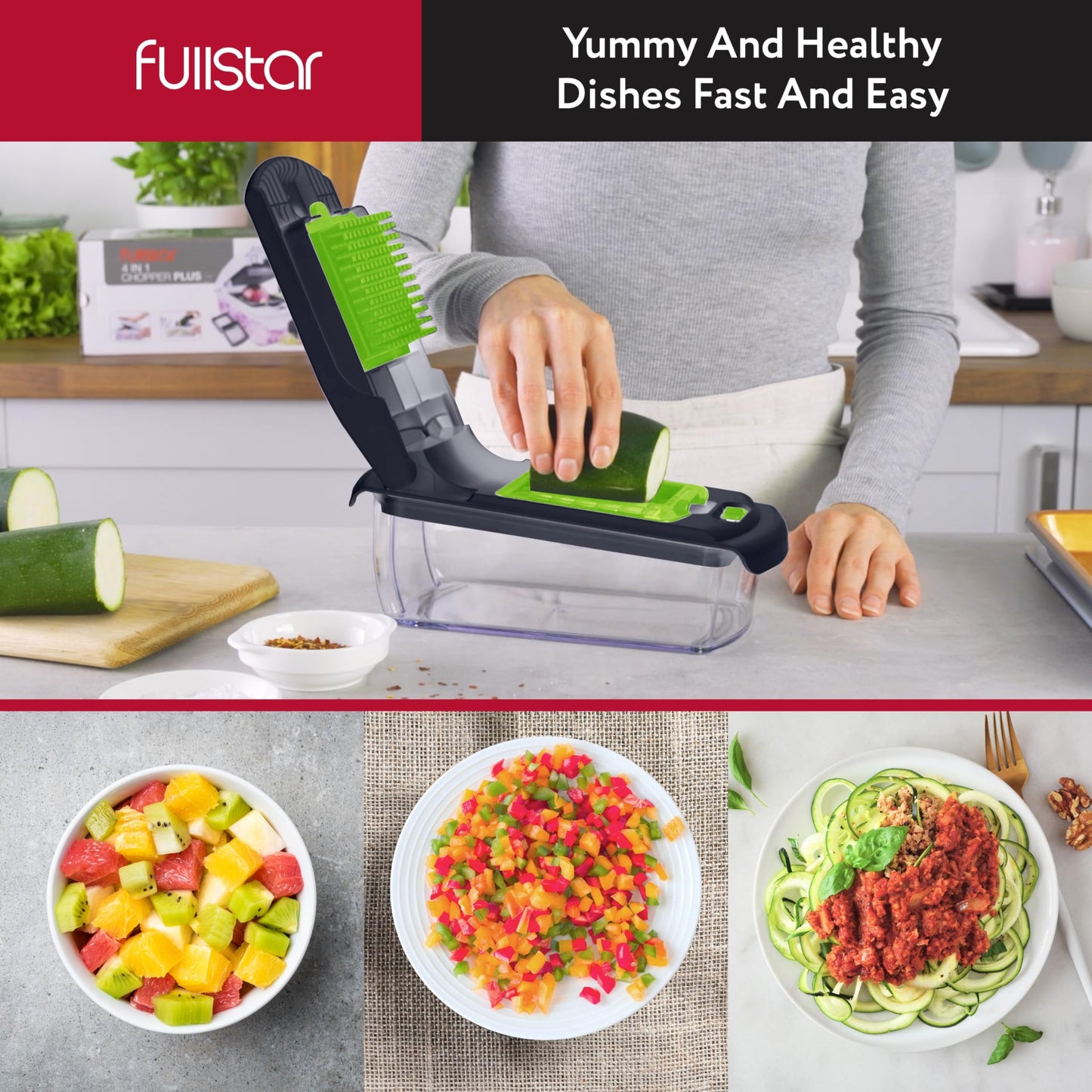 Fullstar Vegetable Chopper and Spiralizer - Food Chopper with Container, Fruit Slicer, Kitchen Gadgets & Accessories, Home Essentials (All in 1, Stainless Steel)