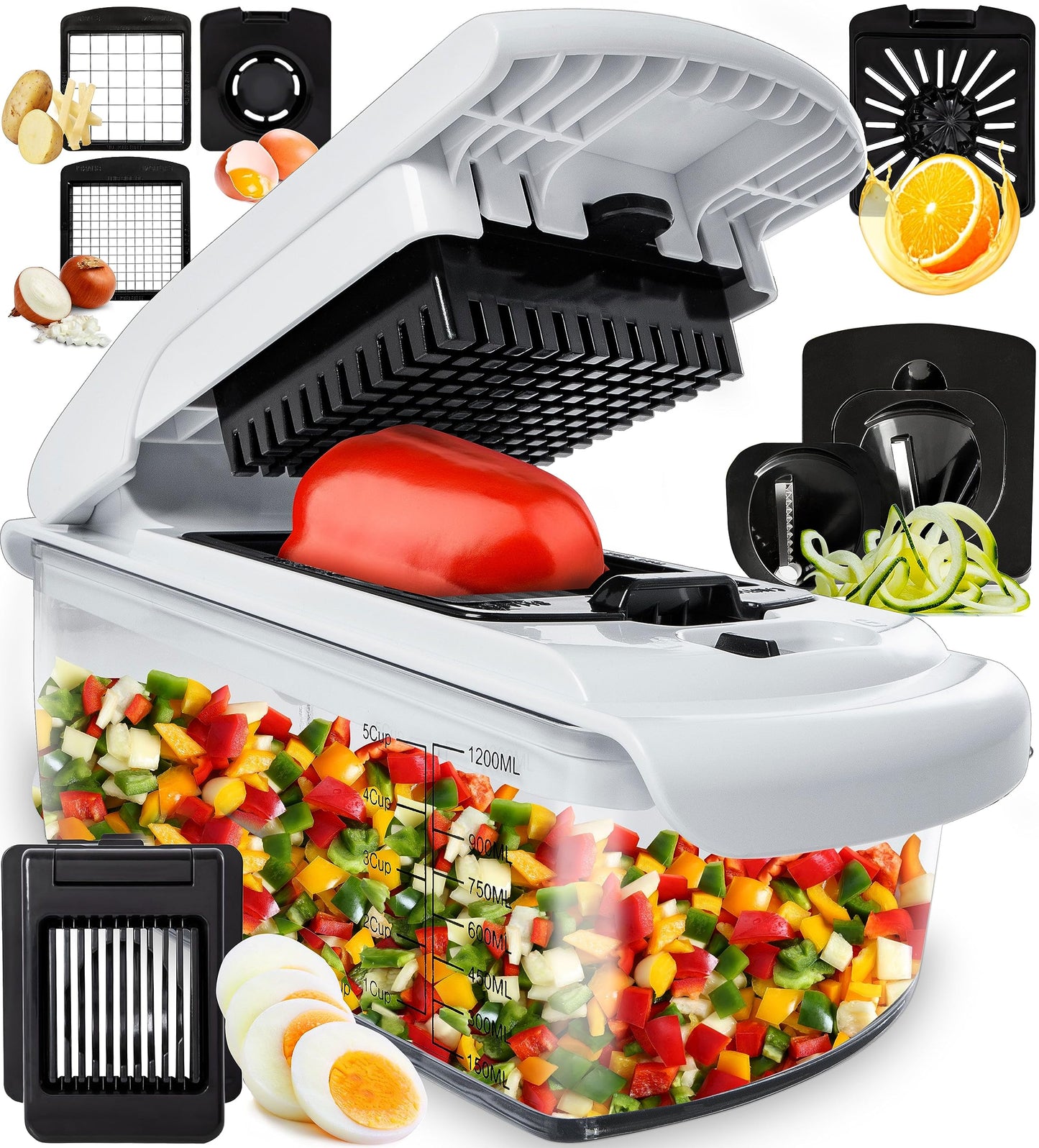 Fullstar Vegetable Chopper and Spiralizer - Food Chopper with Container, Fruit Slicer, Kitchen Gadgets & Accessories, Home Essentials (All in 1, Stainless Steel)