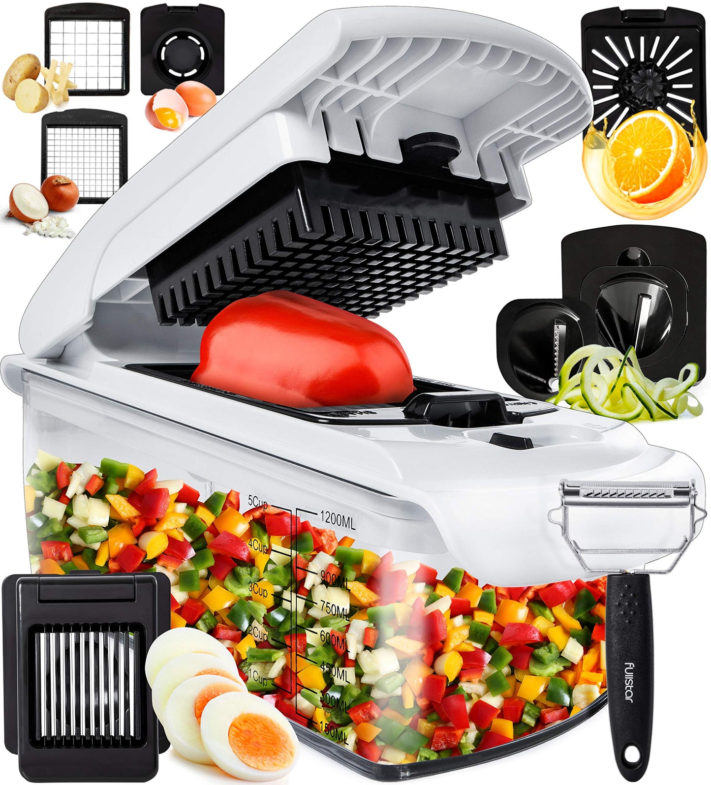 Fullstar Vegetable Chopper and Spiralizer - Food Chopper with Container, Fruit Slicer, Kitchen Gadgets & Accessories, Home Essentials (All in 1, Stainless Steel)