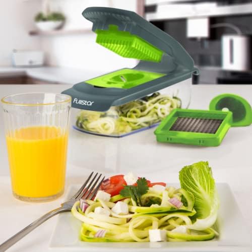 Fullstar Vegetable Chopper and Spiralizer - Food Chopper with Container, Fruit Slicer, Kitchen Gadgets & Accessories, Home Essentials (All in 1, Stainless Steel)