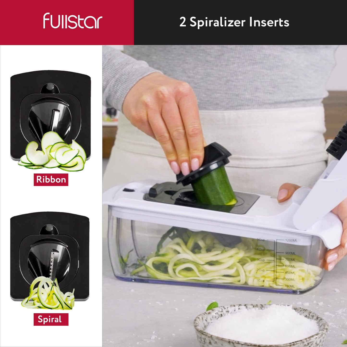 Fullstar Vegetable Chopper and Spiralizer - Food Chopper with Container, Fruit Slicer, Kitchen Gadgets & Accessories, Home Essentials (All in 1, Stainless Steel)