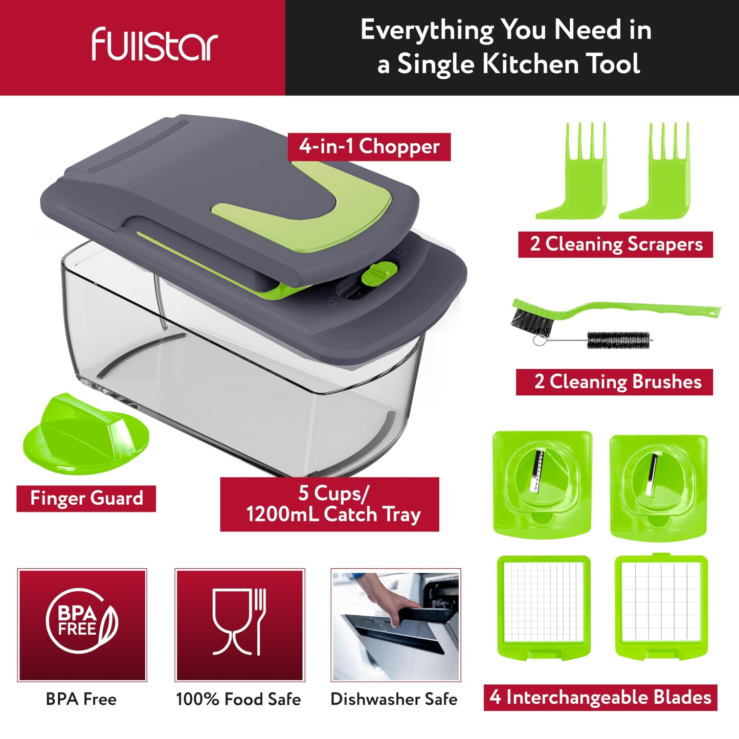 Fullstar Vegetable Chopper and Spiralizer - Food Chopper with Container, Fruit Slicer, Kitchen Gadgets & Accessories, Home Essentials (All in 1, Stainless Steel)