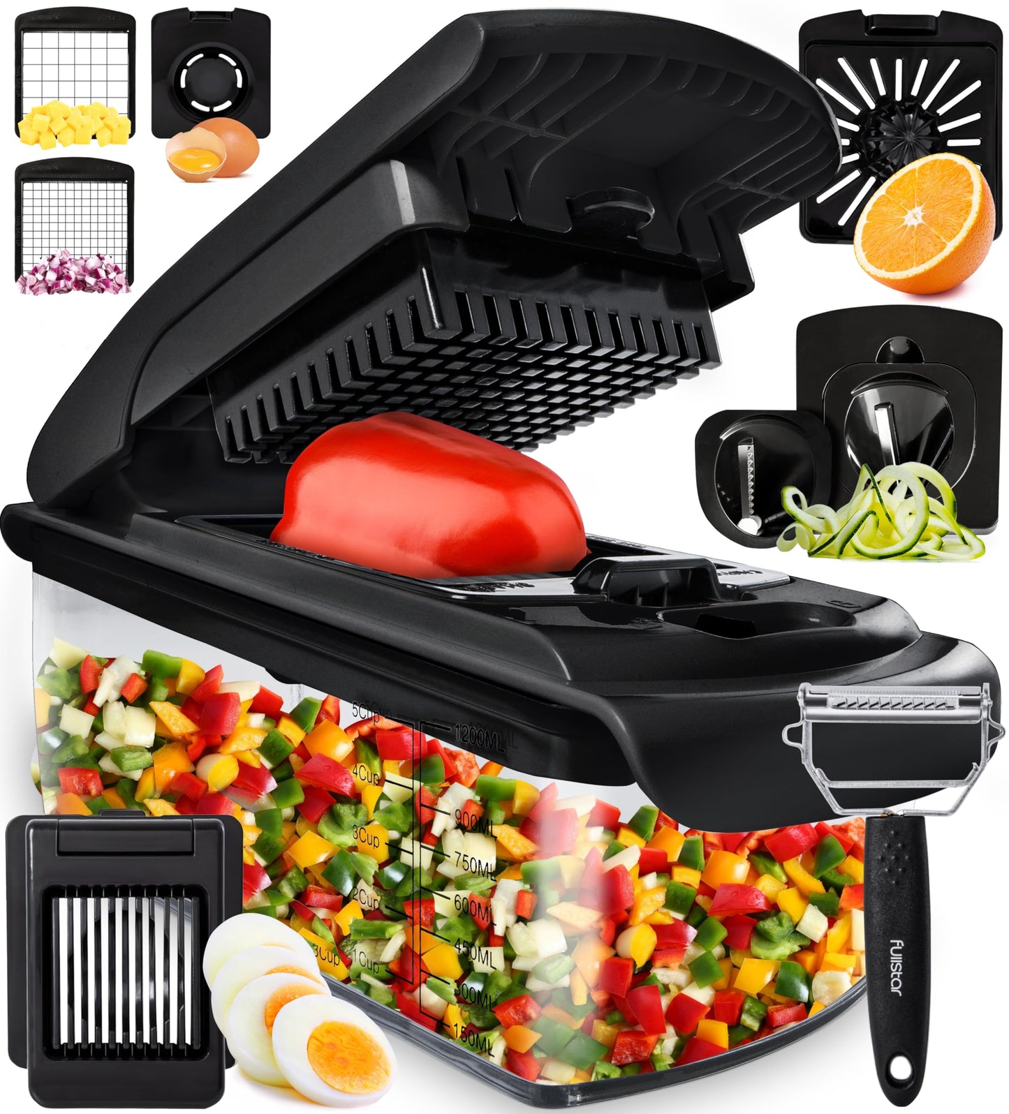 Fullstar Vegetable Chopper and Spiralizer - Food Chopper with Container, Fruit Slicer, Kitchen Gadgets & Accessories, Home Essentials (All in 1, Stainless Steel)