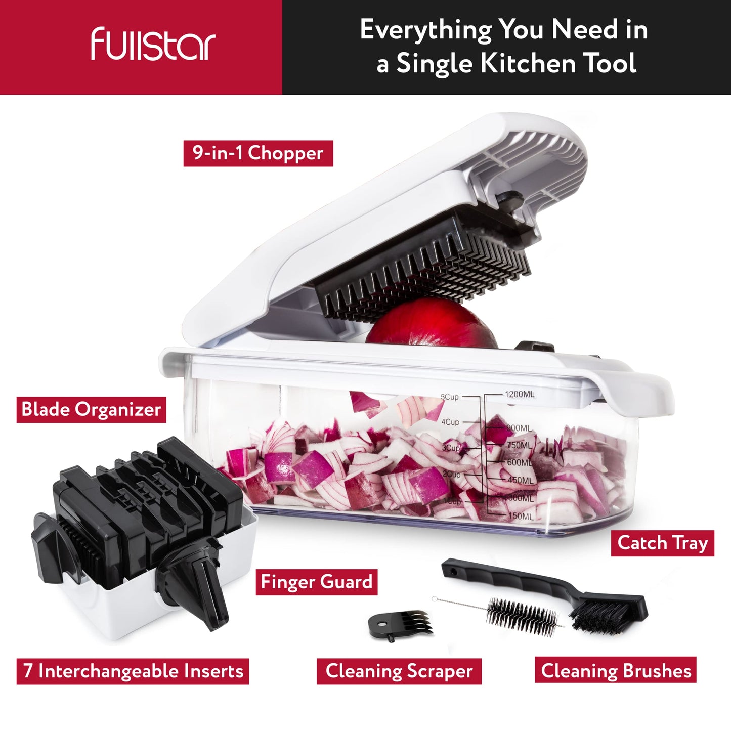 Fullstar Vegetable Chopper and Spiralizer - Food Chopper with Container, Fruit Slicer, Kitchen Gadgets & Accessories, Home Essentials (All in 1, Stainless Steel)