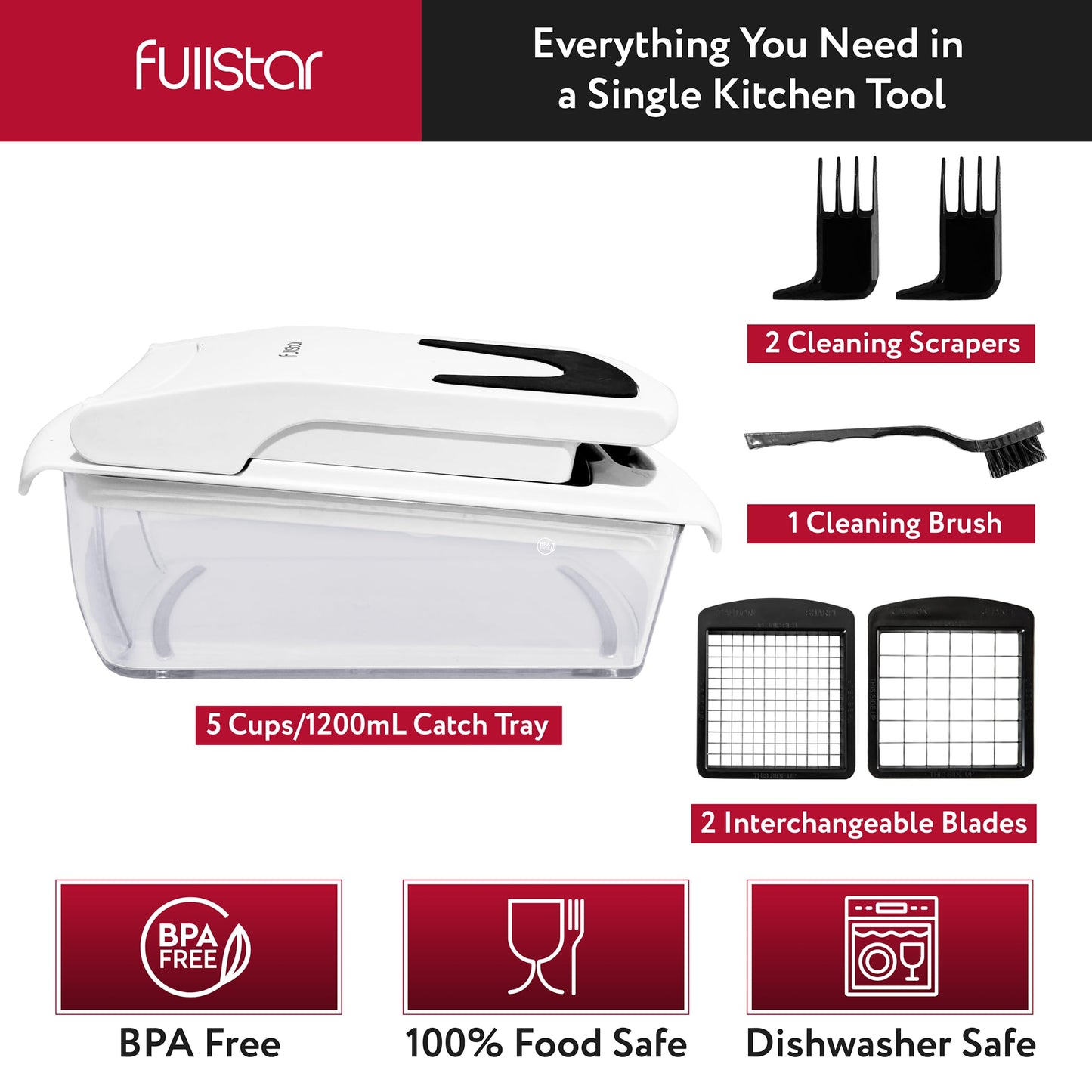 Fullstar Vegetable Chopper and Spiralizer - Food Chopper with Container, Fruit Slicer, Kitchen Gadgets & Accessories, Home Essentials (All in 1, Stainless Steel)