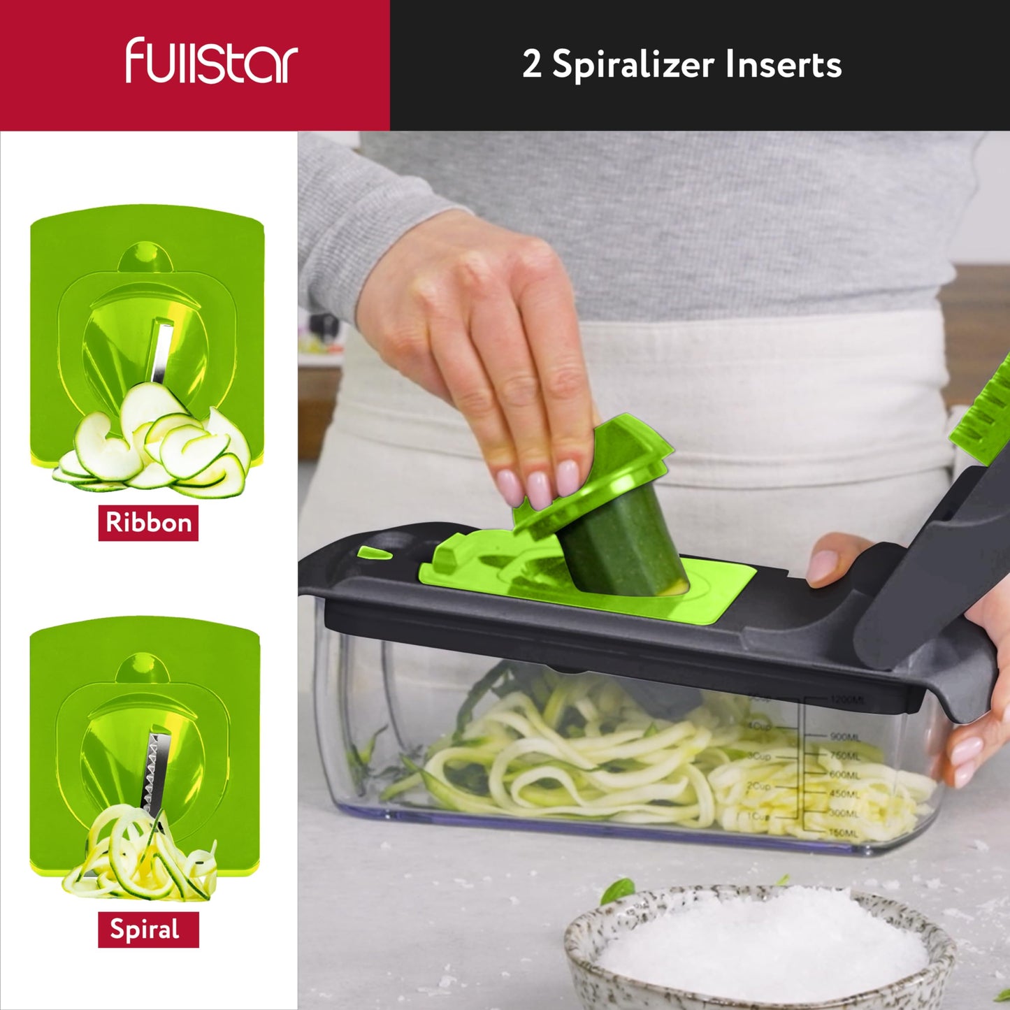 Fullstar Vegetable Chopper and Spiralizer - Food Chopper with Container, Fruit Slicer, Kitchen Gadgets & Accessories, Home Essentials (All in 1, Stainless Steel)