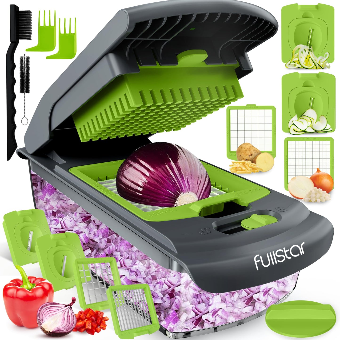 Fullstar Vegetable Chopper and Spiralizer - Food Chopper with Container, Fruit Slicer, Kitchen Gadgets & Accessories, Home Essentials (All in 1, Stainless Steel)