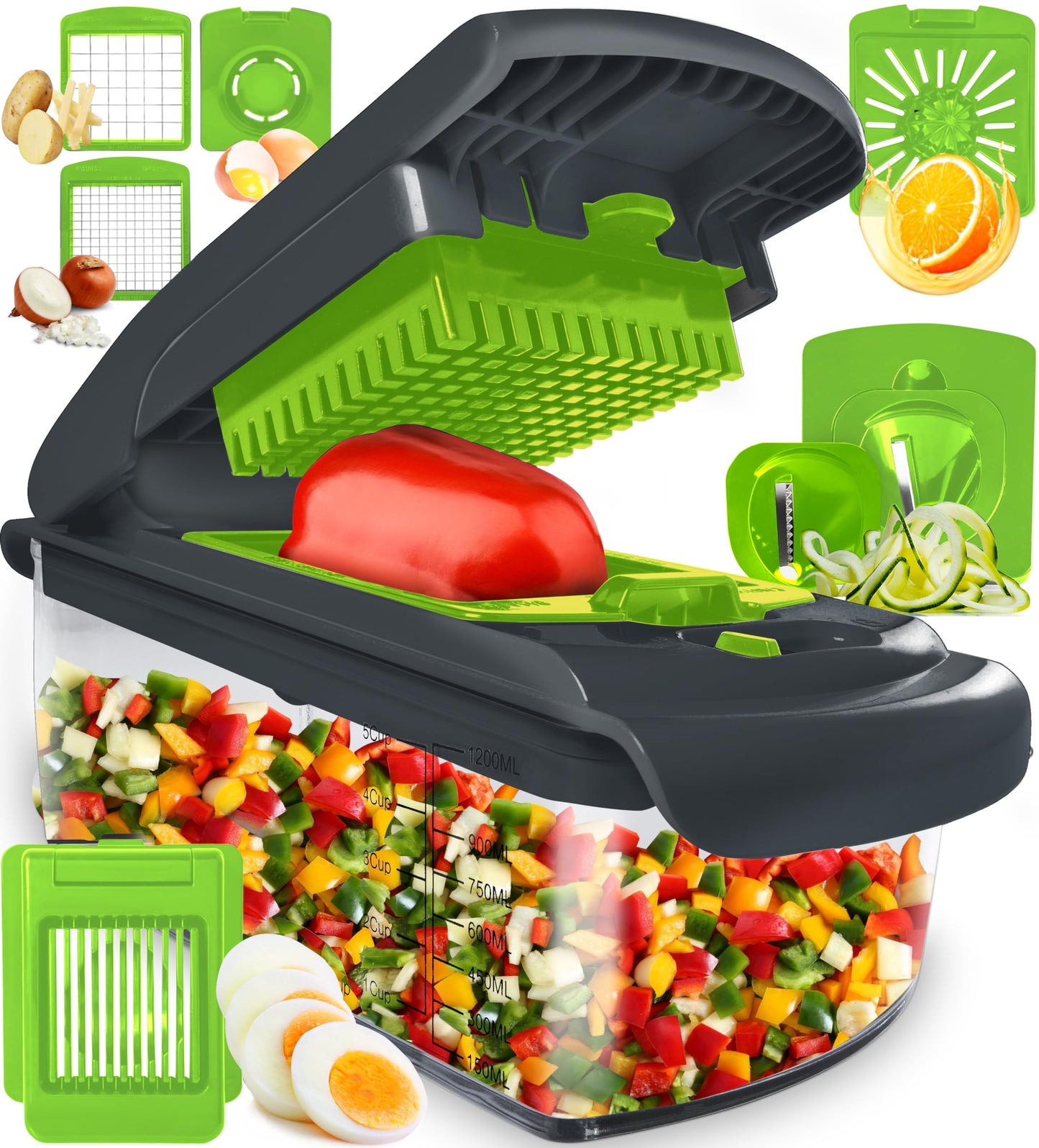 Fullstar Vegetable Chopper and Spiralizer - Food Chopper with Container, Fruit Slicer, Kitchen Gadgets & Accessories, Home Essentials (All in 1, Stainless Steel)