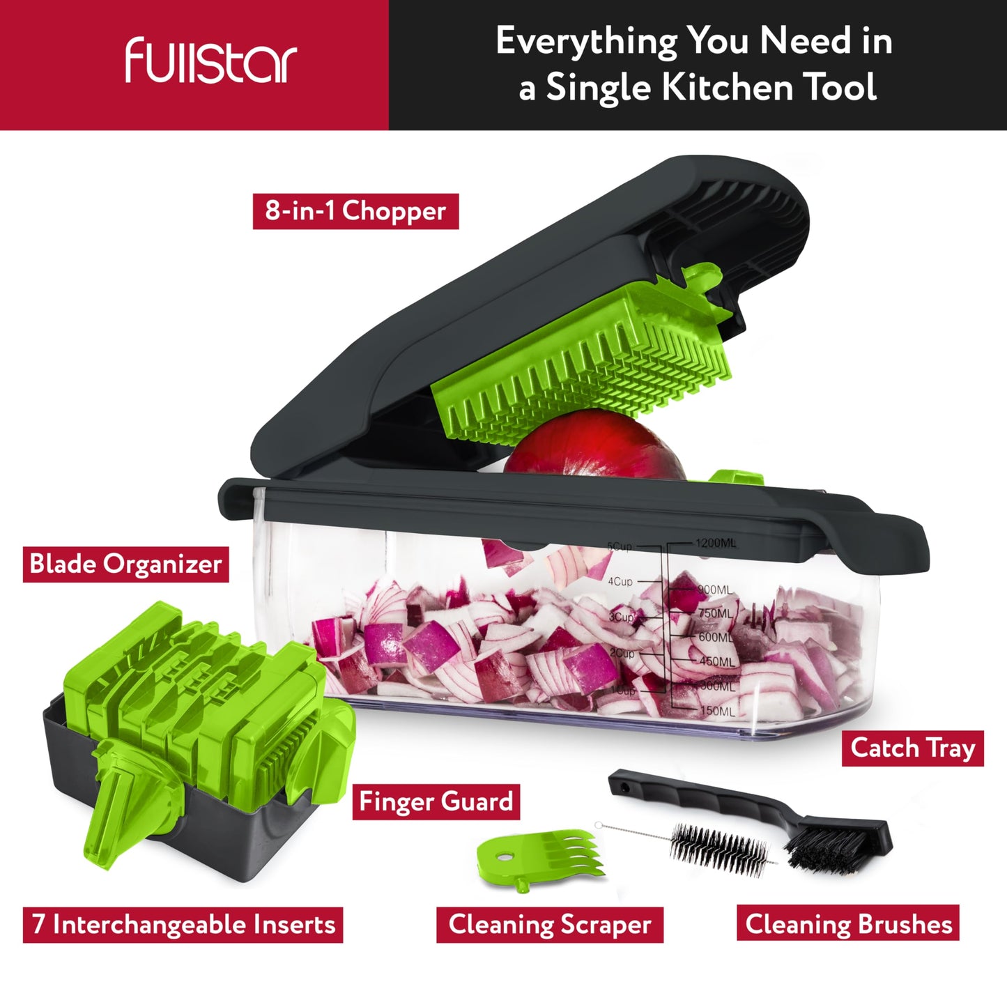 Fullstar Vegetable Chopper and Spiralizer - Food Chopper with Container, Fruit Slicer, Kitchen Gadgets & Accessories, Home Essentials (All in 1, Stainless Steel)